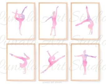 Gymnastiekmuurkunstset: roze aquarel turnsterafdrukken (digitale download)