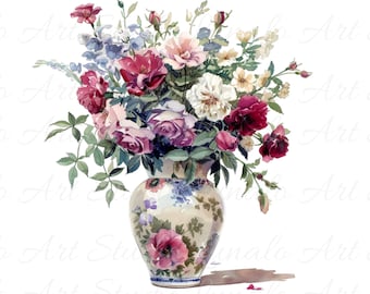 Vintage Floral Vase Clipart: Watercolor Flower Set (Digital Download)