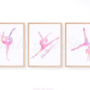 Personalised Gymnastics Print, Gift For Girls, Pastel Gymnastics Print Set of 3, Printable Wall Art, Girls Room decor, Gymnast Pose Prints