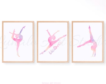 Personalised Gymnastics Print, Gift For Girls, Pastel Gymnastics Print Set of 3, Printable Wall Art, Girls Room decor, Gymnast Pose Prints
