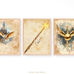 Magic Wand Personalised Wizard 3-Piece Print Set: Enchanting Room Decor for Kids&#39; Playroom & Nursery Digital Art