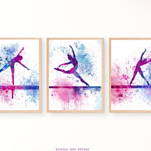 Set of 3 Gymnastics Prints | Gymnast on Beam | Girls Room Decor | Gymnastics Bedroom Decor | Gymnast Gift | 3 Piece Wall Art