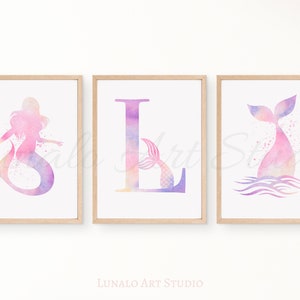 Mermaid Personalised Prints Initial Set of 3 Printable Wall Art | Watercolour Girls Room Decor | Mermaid Bedroom Decor | Mermaid Gift