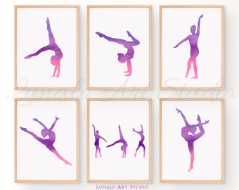 Gymnastiekmuurkunstset: paarse aquarelprints (digitale download)