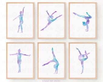 Set gymnastiekafdrukken: blauwgroen, roze, paarse aquarelkunst (digitale download)