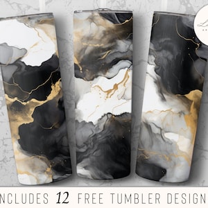 Tumbler nero e oro, Tumbler con inchiostro alcolico png, Tumbler sottile da 20 oz per sublimazione, Tumbler dritto e conico, Download digitale PNG