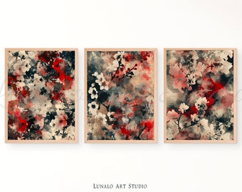 Abstract Japanese Blossom Wall Art Set of 3, Japandi Prints, Blossom Print, Japanese Wall Print, Watercolor Wall Art, Instant Download