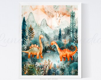 Watercolor Dinosaur Nursery Print: Triceratops & Stegosaurus (Digital Download)