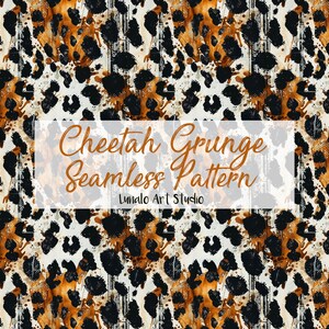 Op de afbeelding: Een naadloos patroon met een luipaardprint met bruine, zwarte en witte vlekken op een witte achtergrond. Het patroon heeft een grunge-effect met zwarte en bruine verfspatten. De tekst "Cheetah Grunge Seamless Pattern" is geschreven in bruine tekst op een witte achtergrond.