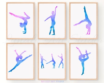 Set gymnastiekafdrukken: aquarel gymnast meisjeskamerdecoratie (digitale download)