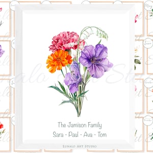 Family Birth Month Flower Bouquet, Birth Month Flower Wall Art, Personalised Gift, Custom Family Print, Grandma&#39;s Garden, Digital Print