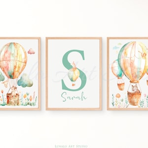 Hot Air Balloon Nursery Print Set of 3, Nursery Prints, Girls Name Print, Watercolour Prints, Personalised Girls Room Decor, Gift for Girl