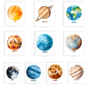 10 Planet Prints, Solar System, Planets, Mercury, Venus, Earth, Saturn, Uranus, Jupiter, Neptune, Mars, Sun, Moon Print, Printable Wall Art