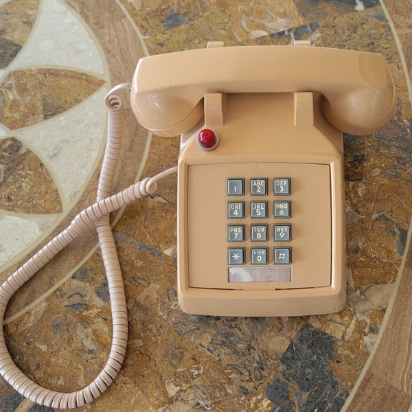 Push Button Phone Telephone 1980s Landline Coral Beige Square Business Office Décor Prop Desk Top ITT Vintage