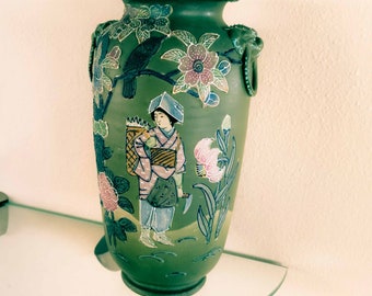 Vintage Satsuma Vase Moriage Large High Relief Japanese Foo Dog Handles Olive Green Rose Blue 1920s