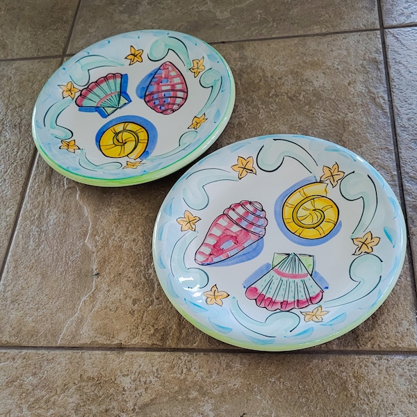 Vintage Tropical Sea Shell Dinner Plates Ceramica Cone Starfish Blue Mint Pink Beach House Décor Set of Two