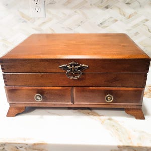 Vintage Wooden Flatware Storage Chest Green Velvet Lined Silverware Box Anti Tarnish Organizer 1950s