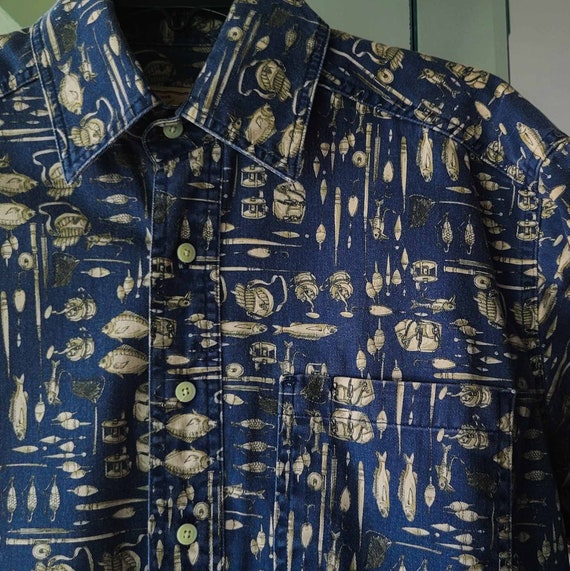 Mens Shirt Fisherman Gift Woolrich Button Down Fishing Shirt Angler Pockets  Fish Lures Tackle Box Blue Tan Medium Vintage 