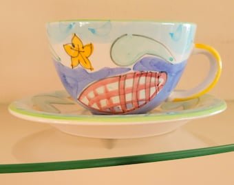 Vintage Sea Shell Coffee Cup and Saucer Set: Salute Ceramics Beach House Decor