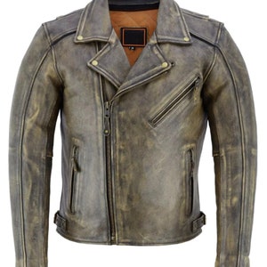 Vintage Men&#39;s Grey Cafe Racer Retro Leather Jacket | 90&#39;s Style Handmade Antique
