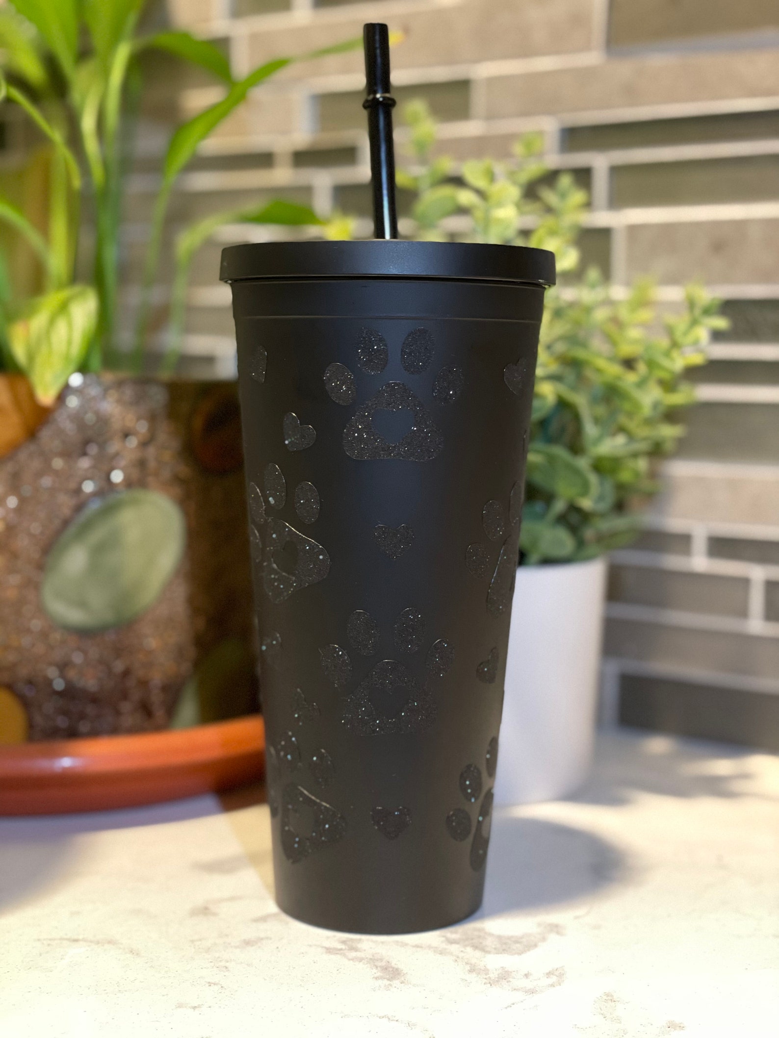 Personalized Matte Black Tumbler Black Glitter Vinyl Paw Etsy