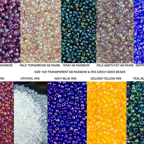 Sz 10 TR IRIS & AB Rainbow Crystal Gray Navy Sapphire Blue Sunshine Yellow Amethyst Dark Red lt Topaz Czech Seed Beads, Transp Ab Seed Beads