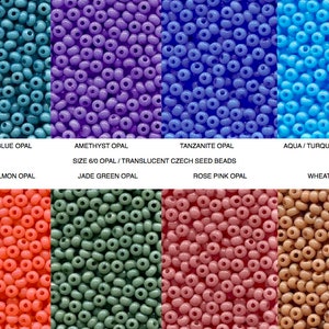 May include: Assortment of 10 colors of 6/0 size opal Czech seed beads. The colors are African Blue Opal, Amethyst Opal, Tanzanite Opal, Aqua/Turquoise Opal, Bright Salmon Opal, Jade Green Opal, Rose Pink Opal, and Wheat Opal.