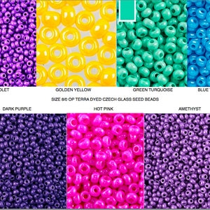 May include: Assortment of 8/0 size Czech glass seed beads in various colors, including violet, dark purple, golden yellow, green turquoise, hot pink, blue turquoise, and amethyst.