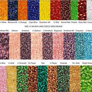 May include: A chart of 36 different colors of size 10 silver lined Czech seed beads. The colors are arranged in three rows of 12 colors each. The colors include hyacinth, sun yellow, Montana blue, light orange, capri blue, sunshine yellow, light red, garnet red, peridot, ruby red, crystal, midnight blue, champagne, amethyst mix, salmon, amethyst, light salmon, light amethyst, dogwood, amethyst AB, turquoise, light aqua, aqua, cardinal purple, pink bliss, light gold, light emerald, dark topaz, teal, light topaz, emerald, dark gold, bright green, and topaz mix.