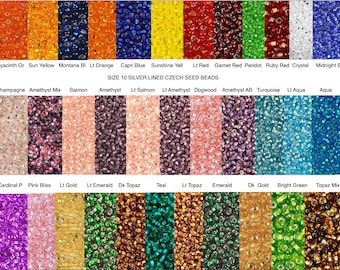 Sz 10/0 SILVER LINED Seed Beads Garnet Red Ruby Red Amethyst Gold Topaz Montana Capri Salmon Turquoise Aqua Teal Emerald Orange Peridot Pink