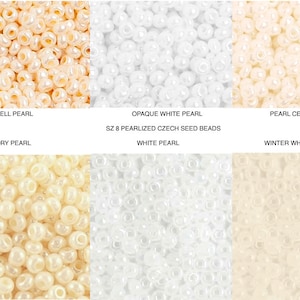 May include: Close-up of six different types of white and ivory pearl beads. The beads are arranged in a grid pattern. The beads are all size 8 and are pearlized Czech seed beads. The beads are labeled as follows: Shell Pearl, Ivory Pearl, Opaque White Pearl, White Pearl, Pearl Ceylon, and Winter White Pearl.