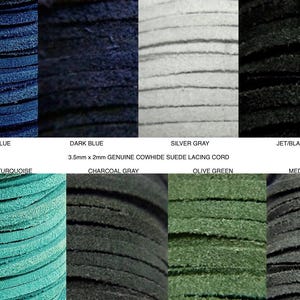 May include: A collection of 3.5mm x 2mm genuine cowhide suede lacing cords in eight colors: medium blue, dark blue, silver gray, jet black, green turquoise, charcoal gray, olive green, and medium gray, displayed in stacked horizontal rows.