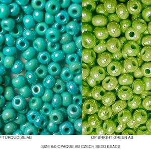 May include: Two close-up images of turquoise and bright green opaque AB Czech seed beads.  Size 6/0 Opaque AB Czech Seed Beads.