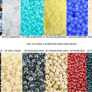 May include: Assortment of 10/0 size Czech seed beads in various colors, including white, turquoise, yellow, blue, black, gray, cream, red, and green. The beads are made of pearl and alabaster.