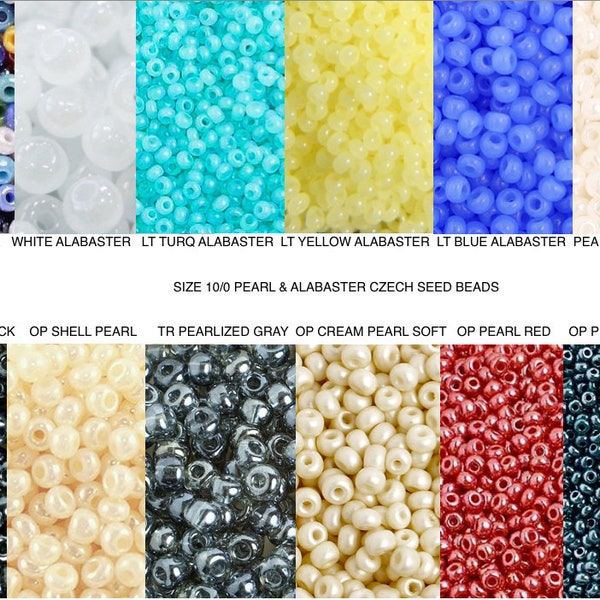 Sz 10 Shell, Cream, Red, Dk Green, Yellow, TR Black, Gray, aqua pearlized Czech Seed Beads, macrame bracelet beads, Bead weaving/embroidery