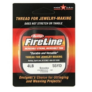 May include: A package of FireLine thread for jewelry-making. The package is black and red, with the brand name "FireLine" in white. The text reads "Incredibly Strong, Incredibly Thin" and "Durable and Versatile". The thread is 4LB and 55YD.