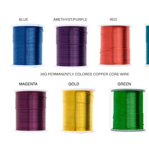 May include: Assortment of 26 gauge permanently colored copper core wire spools in various colors, including navy, blue, amethyst, red, turquoise, black, magenta, gold, green, and solid copper.
