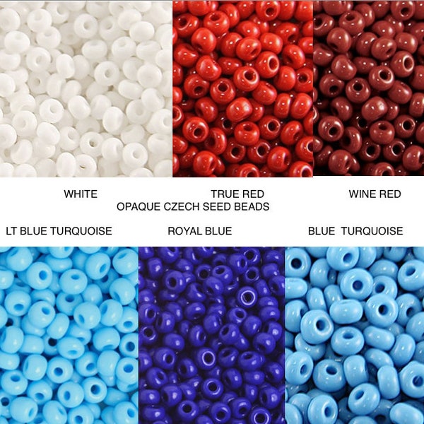 Size 2/0 OPAQUE Czech Seed beads Red, Black, Dk Red/Wine, Golden Yellow, Navy, Lt Blue / Green Turquoise, Royal Blue