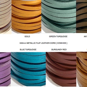 1YD 5x2mm Metallic Silver Gold Red Turquoise Purple Antique Bronze Flat Leather Bracelet Cord, Genuine Premium Leather Cord, USA seller