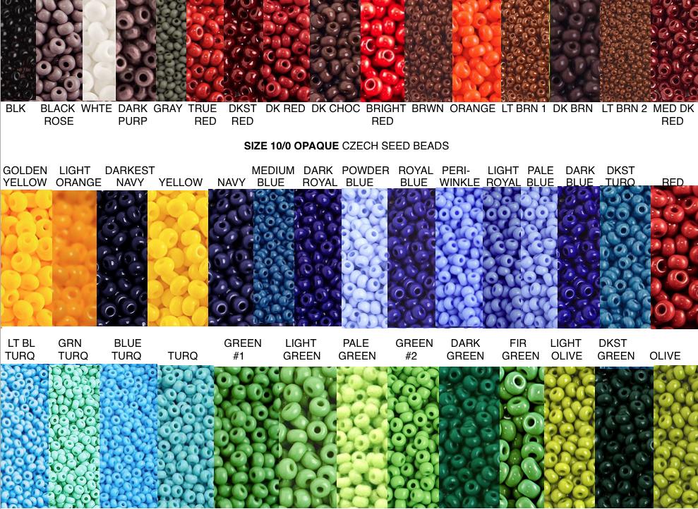 Sz 10/0 OPAQUE Czech Seed Beads Red Dk Red Black White Brown Turquoise Navy Periwinkle Royal Dark Green Golden Yellow Lt Yellow Lt Olive