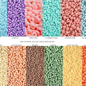 May include: Assortment of 10 pastel colors of size 10 Czech glass seed beads. Colors include baby blue, purple, baby pink, light green turquoise, salmon pink, blue/green turquoise, bone/ivory, light peach, brown, green, light yellow, and coral orange.