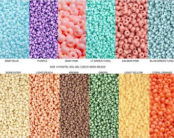 Sz 10 Pastel Baby Pink Baby Blue Turq Purple Bone Yellow Green Salmon Czech Glass Seed Beads, bead weaving embroidery macrame bracelet beads