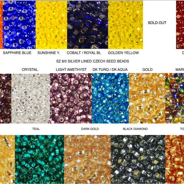 Size 8 SILVER LINED Crystal Amethyst Dk Red Black Diamond Teal Green Sapphire Royal Turquoise Yellow Orange Gold Topaz Czech Seed Beads