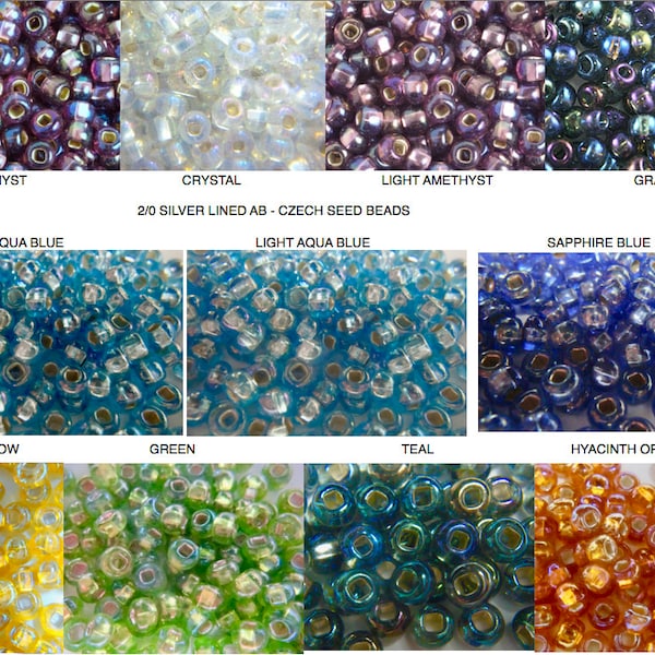 Size 2/0 AB SILVER LINED Amethyst, Gray, Crystal, Teal, Aqua, Sapphire, Golden Yellow, Green, Hyacinth Orange Czech Seed beads