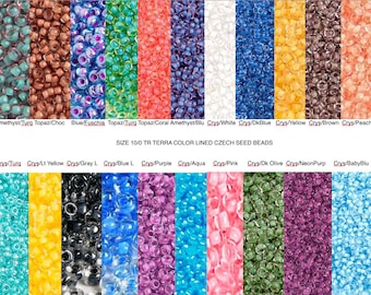 Sz 10/0 COLOR LINED Czech glass Seed Beads Amethyst Turquoise Topaz Dk Olive Yellow Purple Blue Gray Chocolate Aqua Peach Pink seed beads