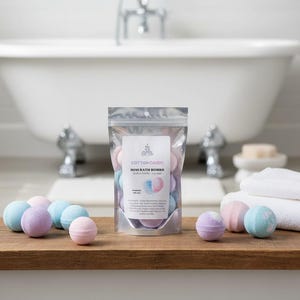 May include: A clear bag of Cotton Candy Mini Bath Bombs with a label, and several loose bath bombs in shades of pink, blue, and purple. The bath bombs are on a wooden surface in front of a white bathtub.