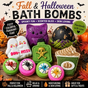 May include: A collection of Halloween-themed bath bombs including a purple bat, a black and green cauldron, a white ghost pair labeled BOO-STIES, a green potion bottle with a gold skull, and four round bombs topped with colorful spiders.