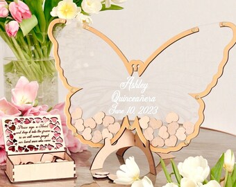 Butterfly guest book Gold birthday drop box Quinceañera guest book Alternative sign in