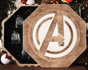 Superhero Whiskey Decanter Set: Engraved Bourbon Glasses, Wooden Gift Box