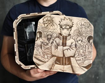 Christmas wood engraving box Whiskey set glasses personalized Unique decanter set Anime barware